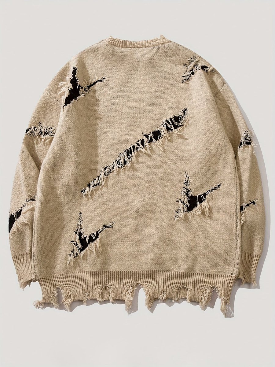 Pull homme décontracté beige à col rond avec motif visage coloré et détails déchirés - Imagen 9