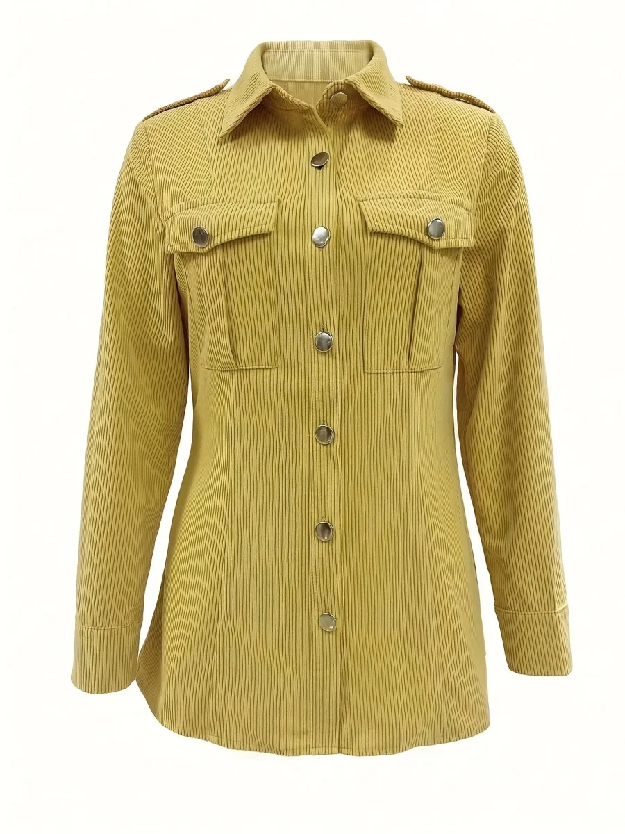 Surchemise Femme Côtelée Jaune Manches Longues Boutons Pression - Imagen 6
