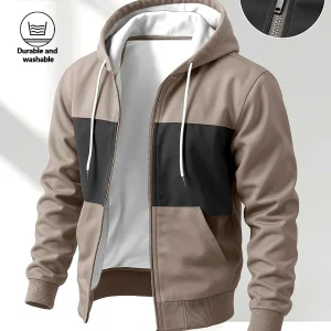 Sweat à capuche zippé bicolore pour homme avec poches latérales et cordon de serrage