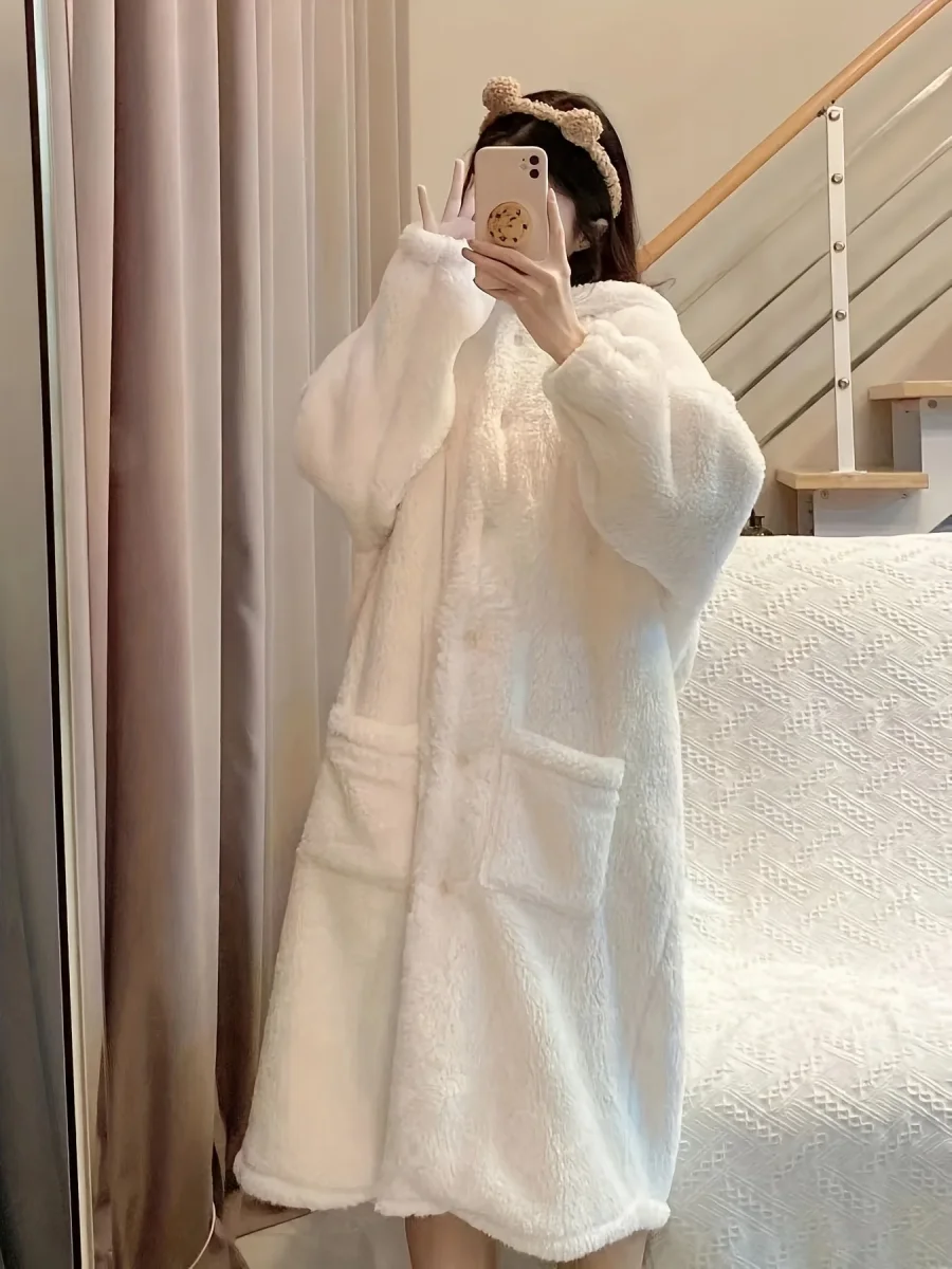 Robe de chambre longue Femme à capuche Oreilles de lapin Blanc cassé Doux Polaire - Imagen 5