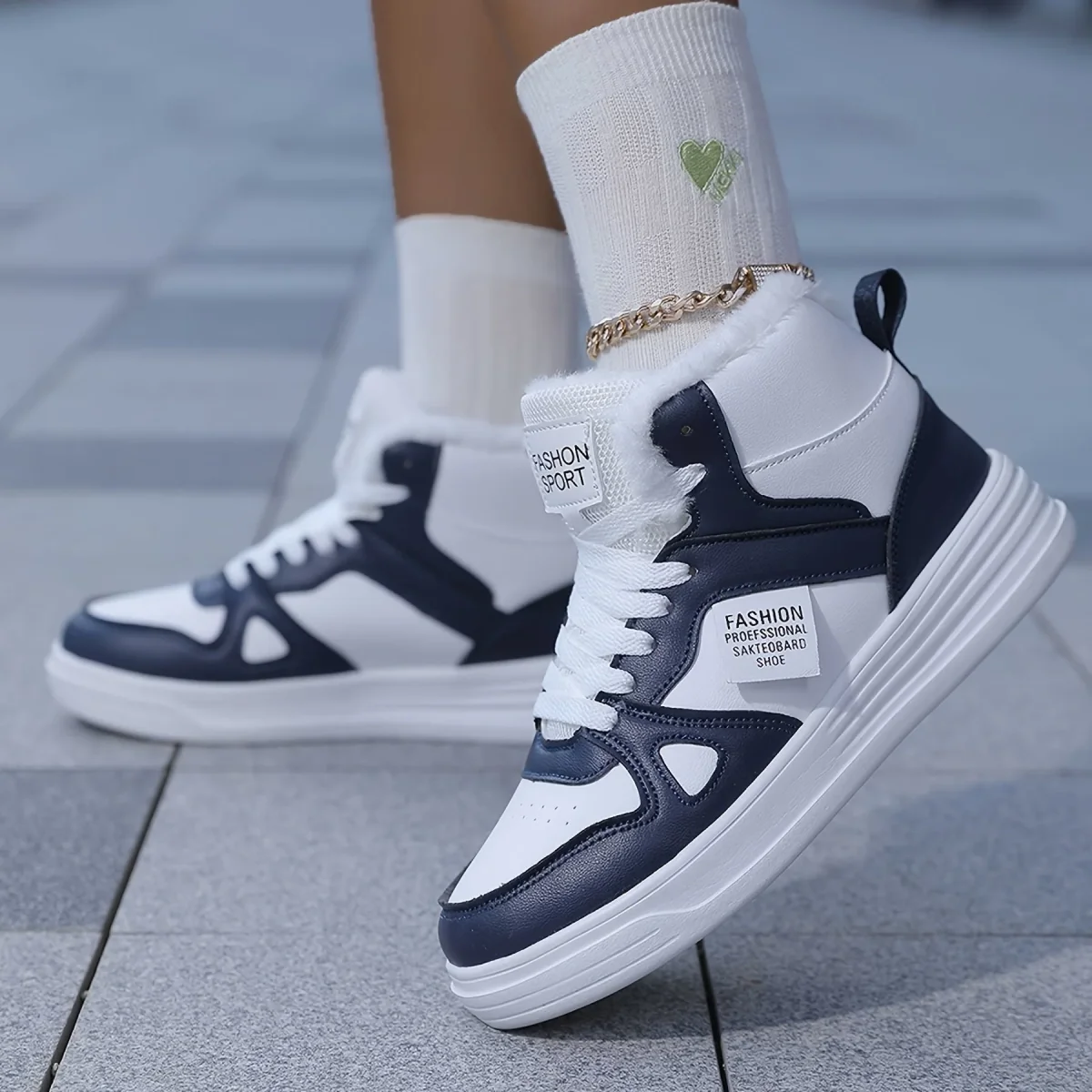 Baskets montantes doublées pour l'hiver, tricolores ou unies, chaudes et confortables - Imagen 6