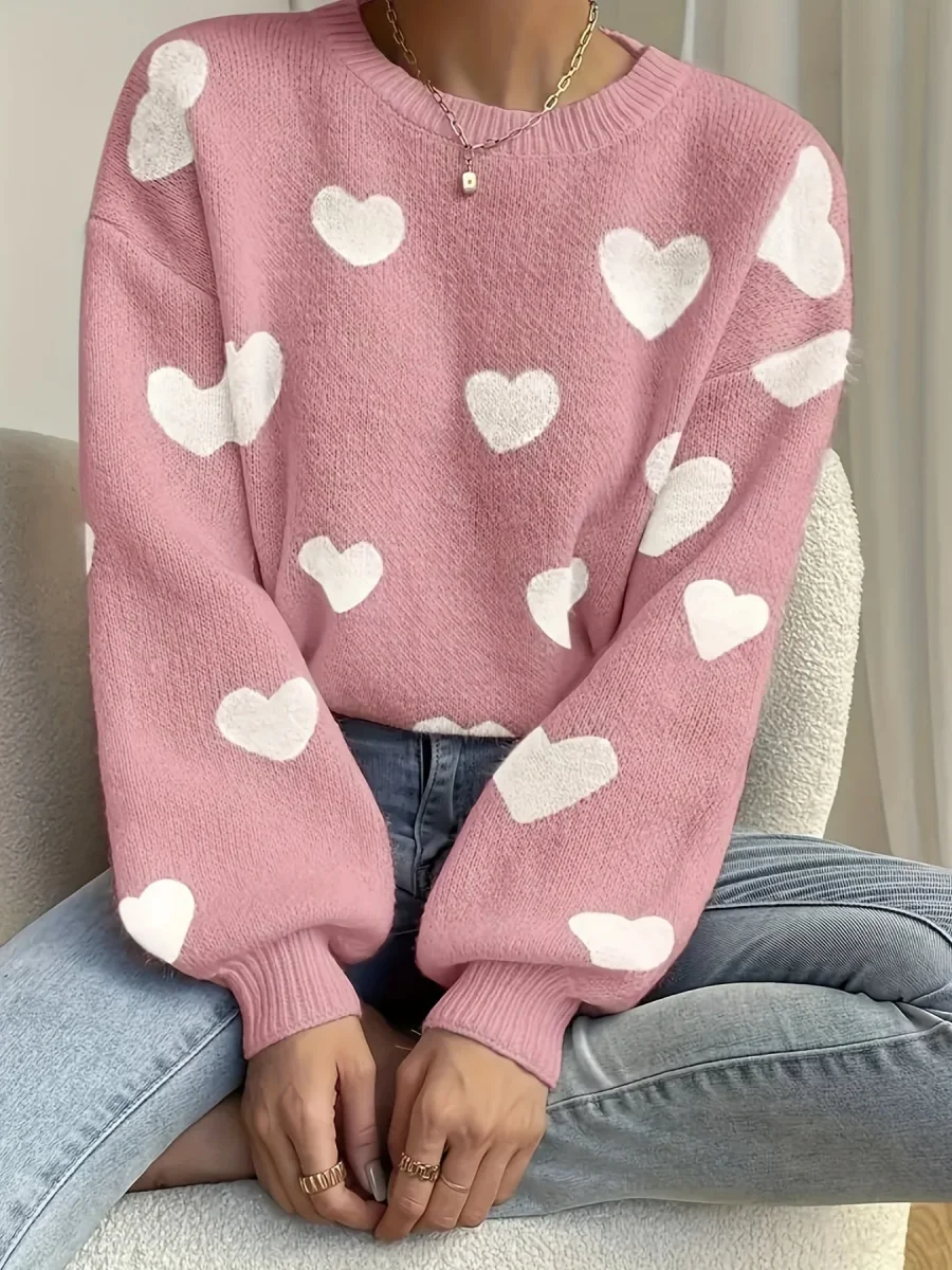 Pull col rond ample en maille blanc avec cœurs beiges - Imagen 4