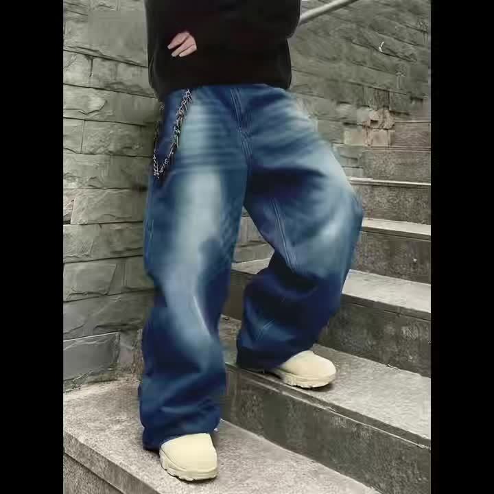 Jean large délavé coupe baggy bleu foncé style urbain unisexe - Imagen 7