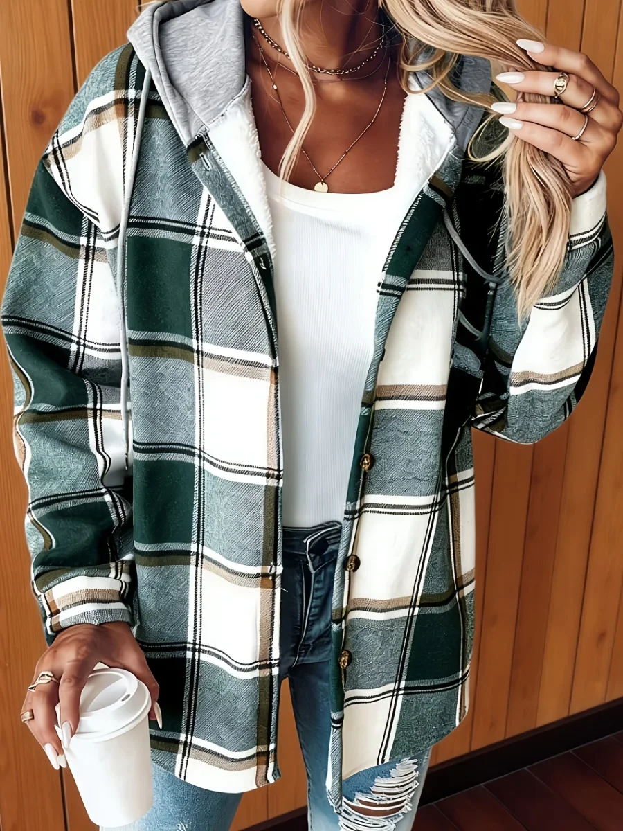 Surchemise Carreaux Femme Capuche Veste Chemise Verte Blanche - Imagen 3