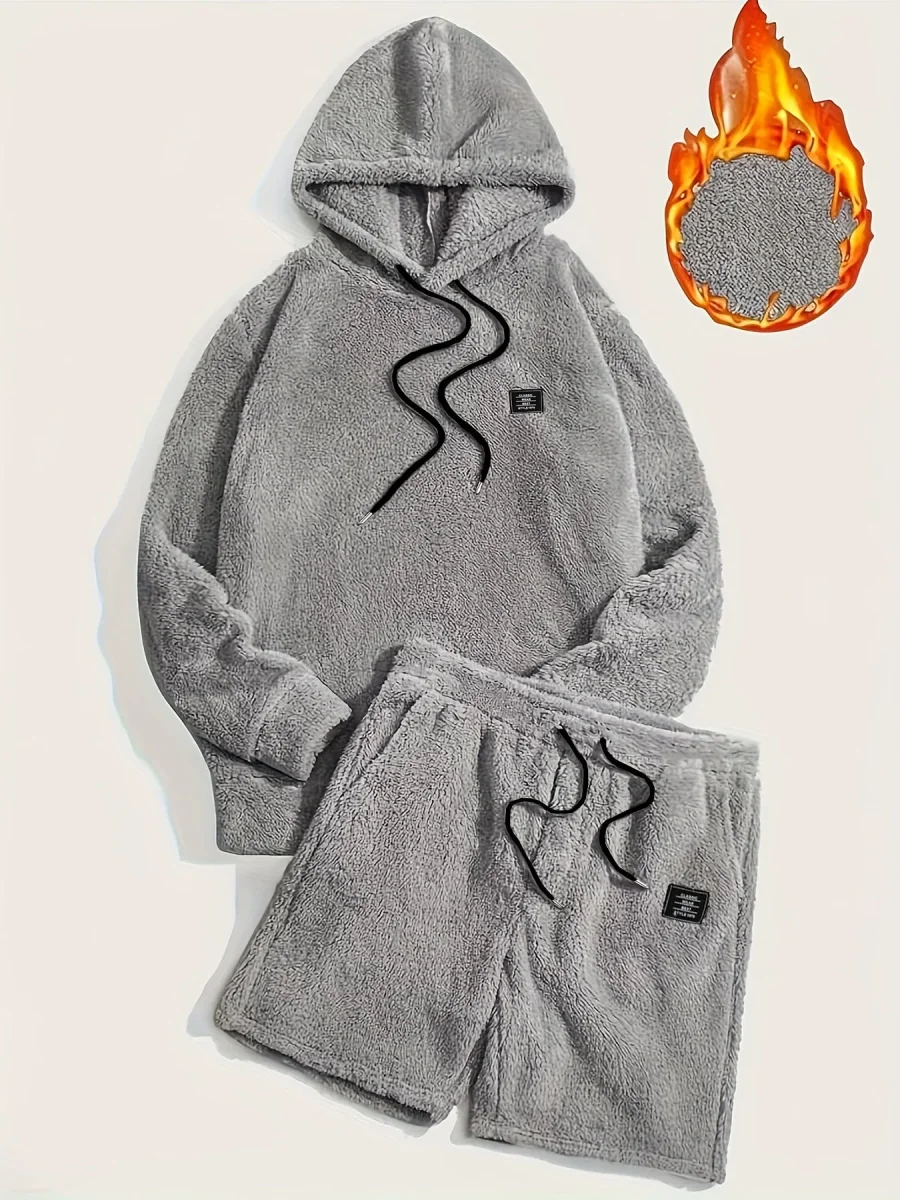 Ensemble Homme Doux Hoodie et Short Molletonné Gris Clair - Imagen 2