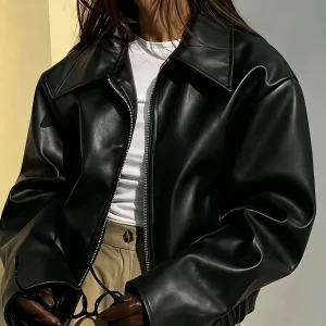 Veste courte bomber femme aspect cuir à fermeture éclair, col classique et ourlet côtelé