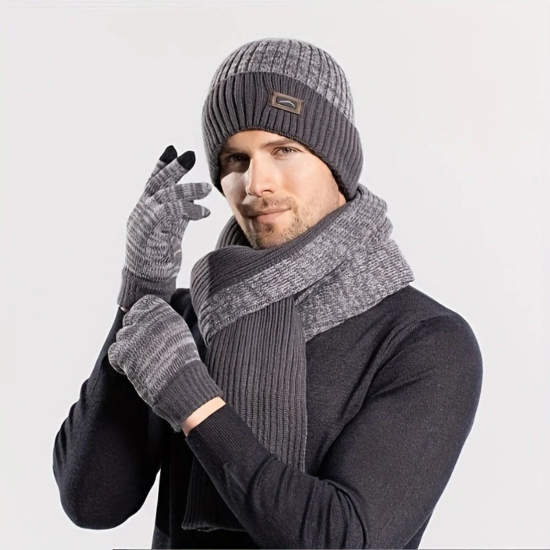 Ensemble hiver bonnet écharpe gants gris chiné tricot doublé polaire pour homme - Imagen 2
