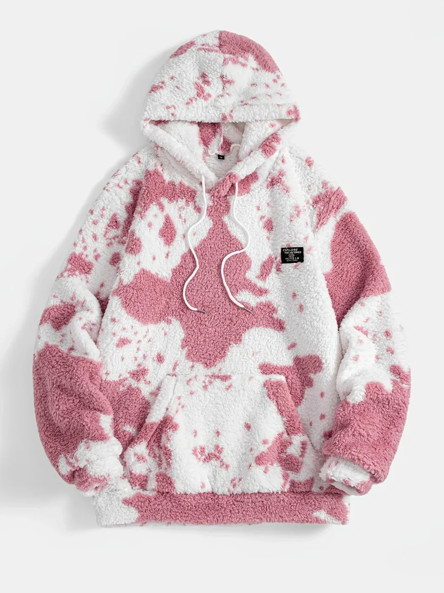 Sweat à capuche Sherpa motif peau de vache bicolore avec poche kangourou - Imagen 3