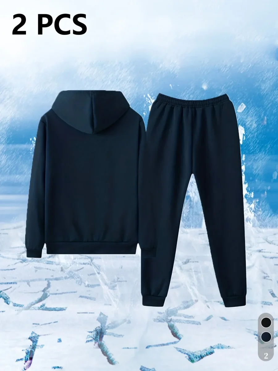 Ensemble Survêtement Homme Capuche Doublure Sherpa Hiver Chaud Bleu Marine - Imagen 5