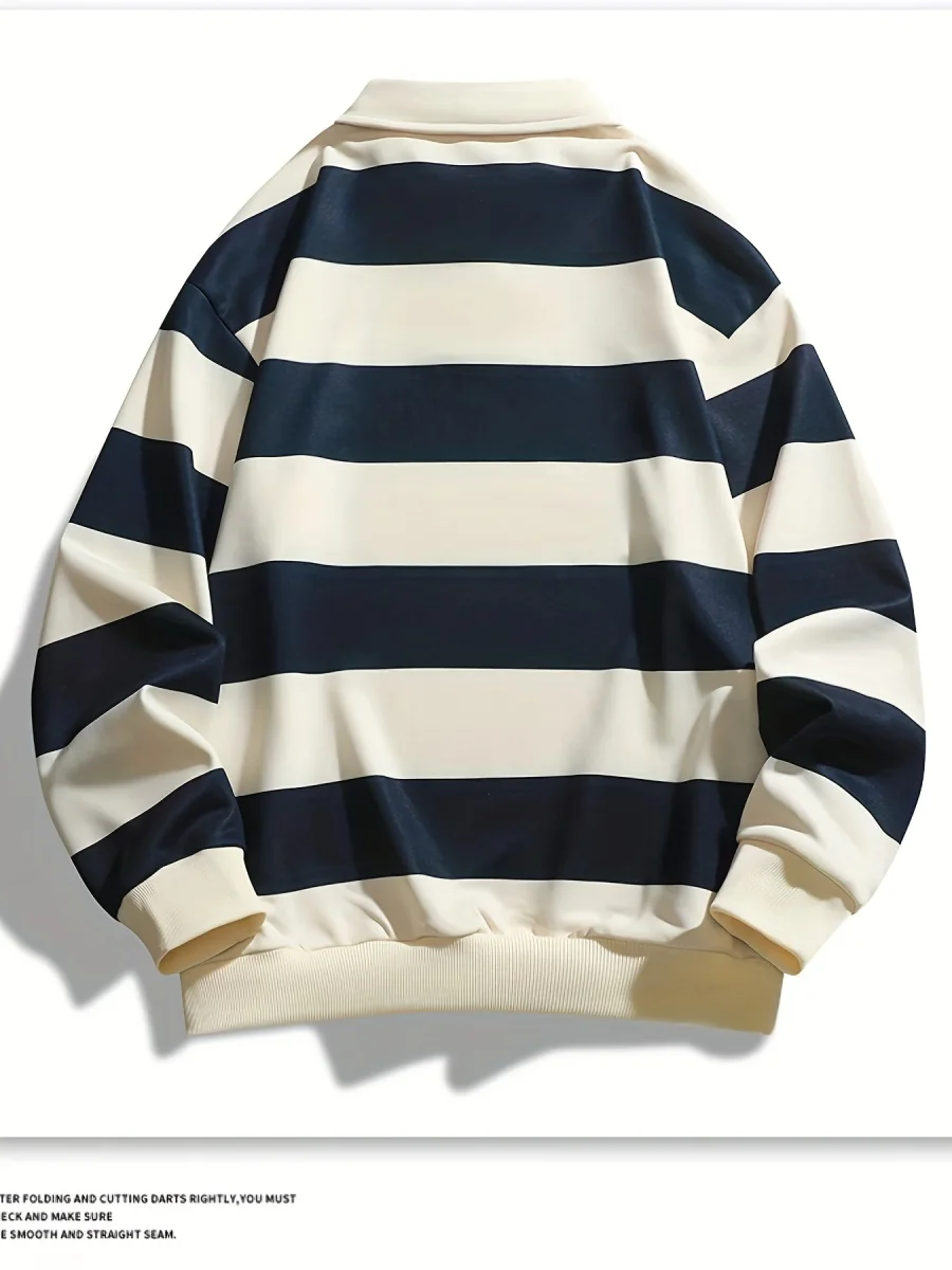 Polo manches longues à rayures horizontales marron et blanc cassé pour homme - Imagen 8