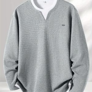 Pull Homme Maille Gaufre Bicolore Col V Manches Longues Gris