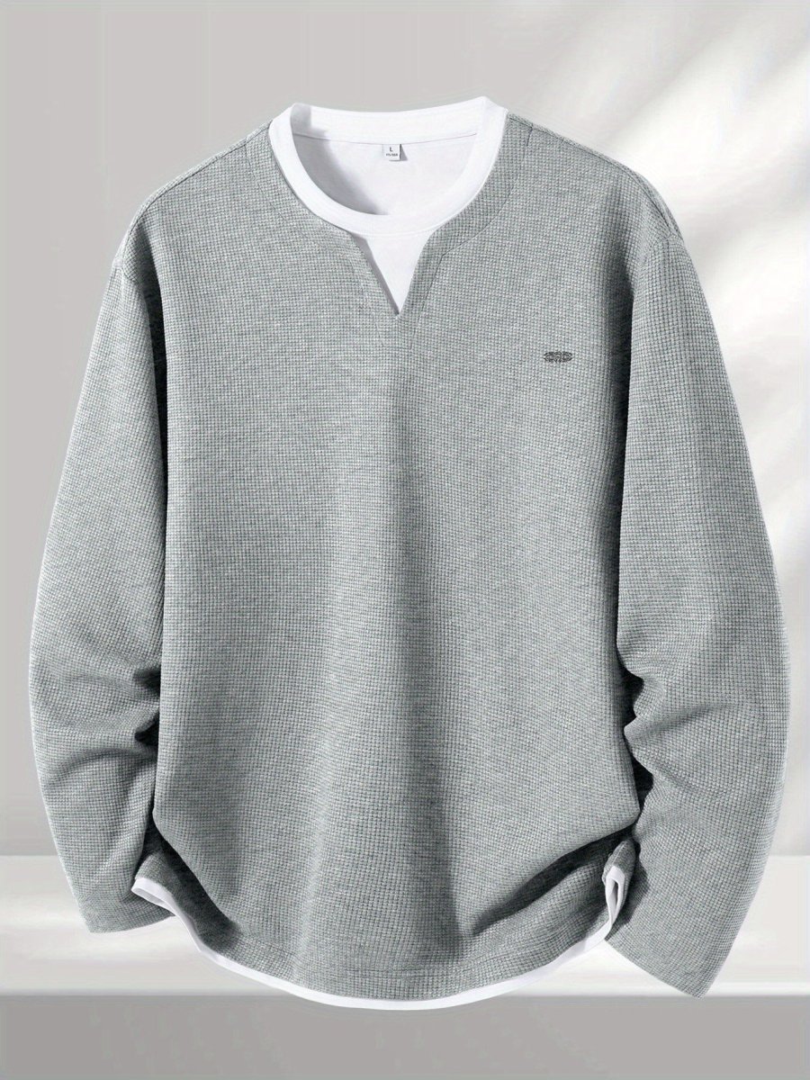 Pull Homme Maille Gaufre Bicolore Col V Manches Longues Gris - Imagen 2