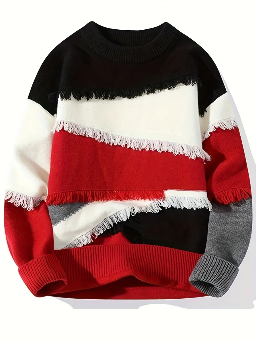 Pull Homme Col Rond Color Block à Franges Tricoté Décontracté - Imagen 6