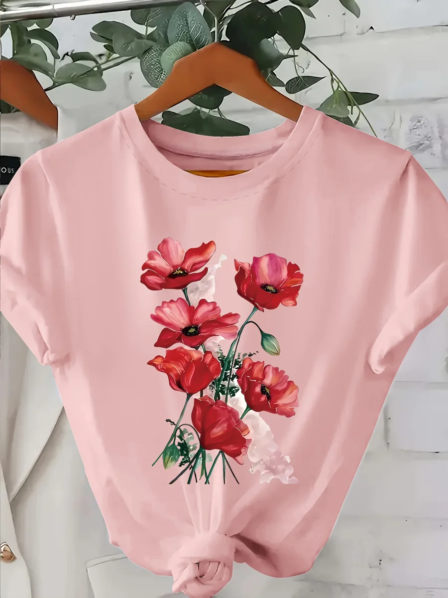 T-shirt Femme Style Décontracté à Imprimé Floral Artistique pour le Printemps et l'Été - Imagen 6