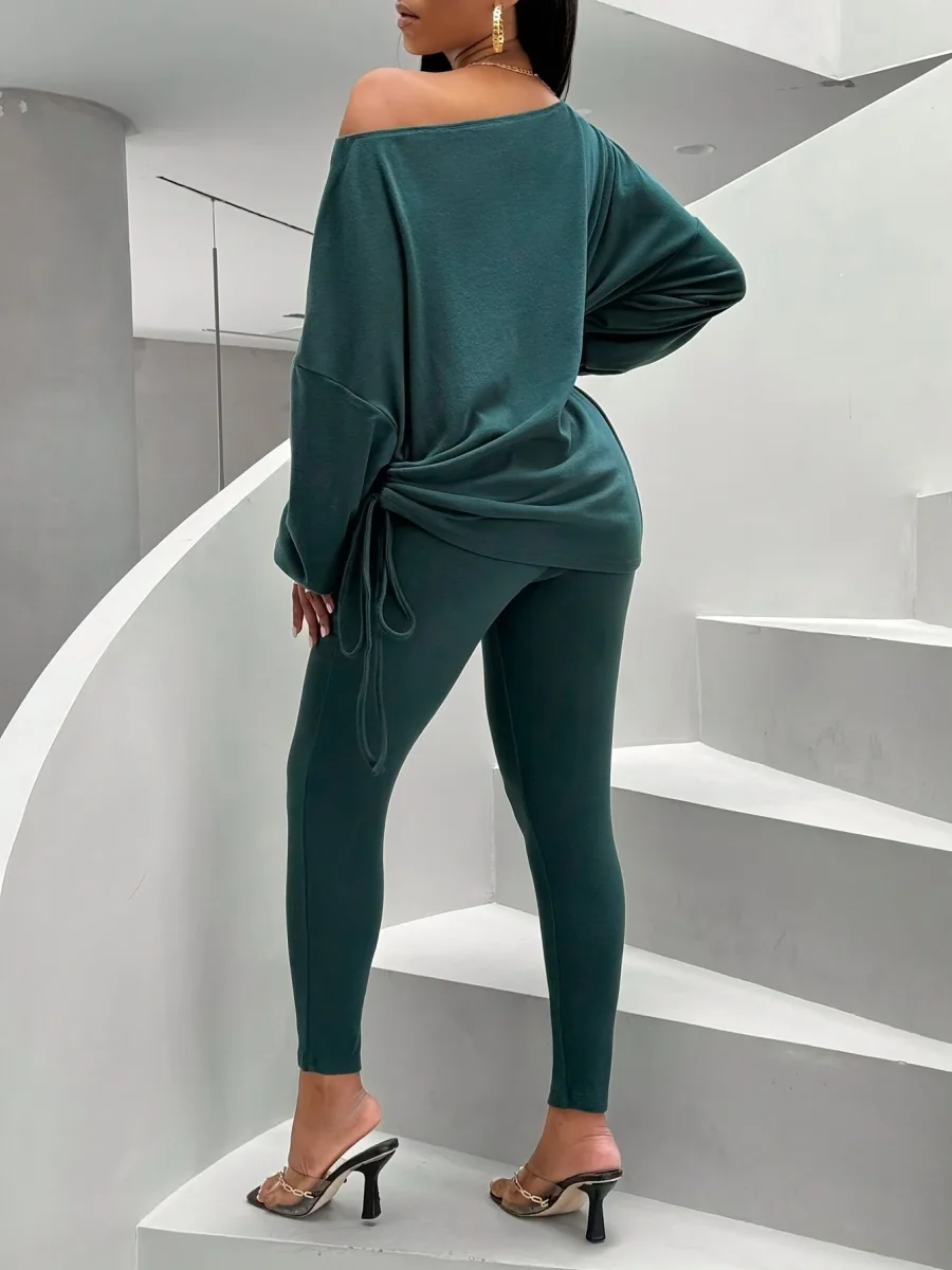 Ensemble pull col bateau et legging côtelé femme vert foncé - Imagen 4