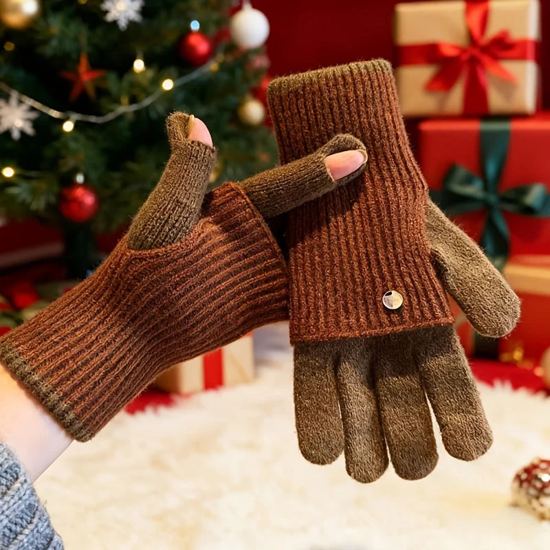 Gants tricotés bicolores convertibles avec mitaines rabattables pour femme - Imagen 9