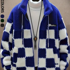 Veste Polaire Homme à Carreaux Bicolores Douce Col Montant Fermeture Éclair