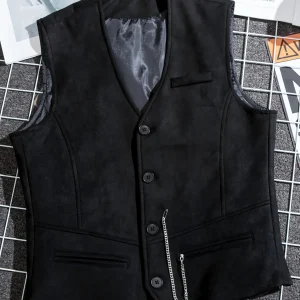 Gilet de Costume Homme Uni Col en V Décoration Chaîne Boutons