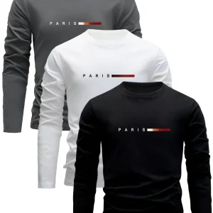 Lot de 3 T-shirts Homme Manches Longues Col Rond Motif Paris Dégradé