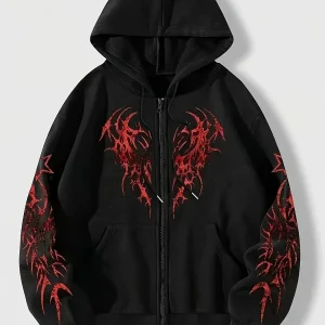 Sweat à capuche zippé noir avec motif tribal rouge manches longues