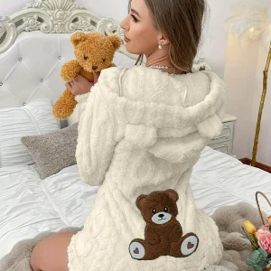Grenouillère Peluche Femme à Capuche Ours Polaire Crème avec Broderie Ours Marron