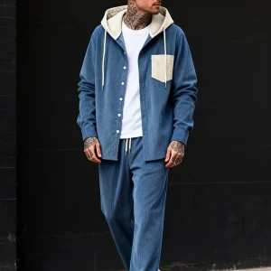 Ensemble Homme Côtelé Chemise à Capuche et Pantalon Couleur Unie