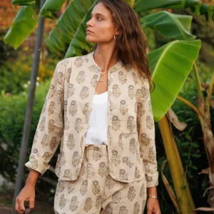 CHAQUETA ESTAMPADA BERENJENA Y OCRE