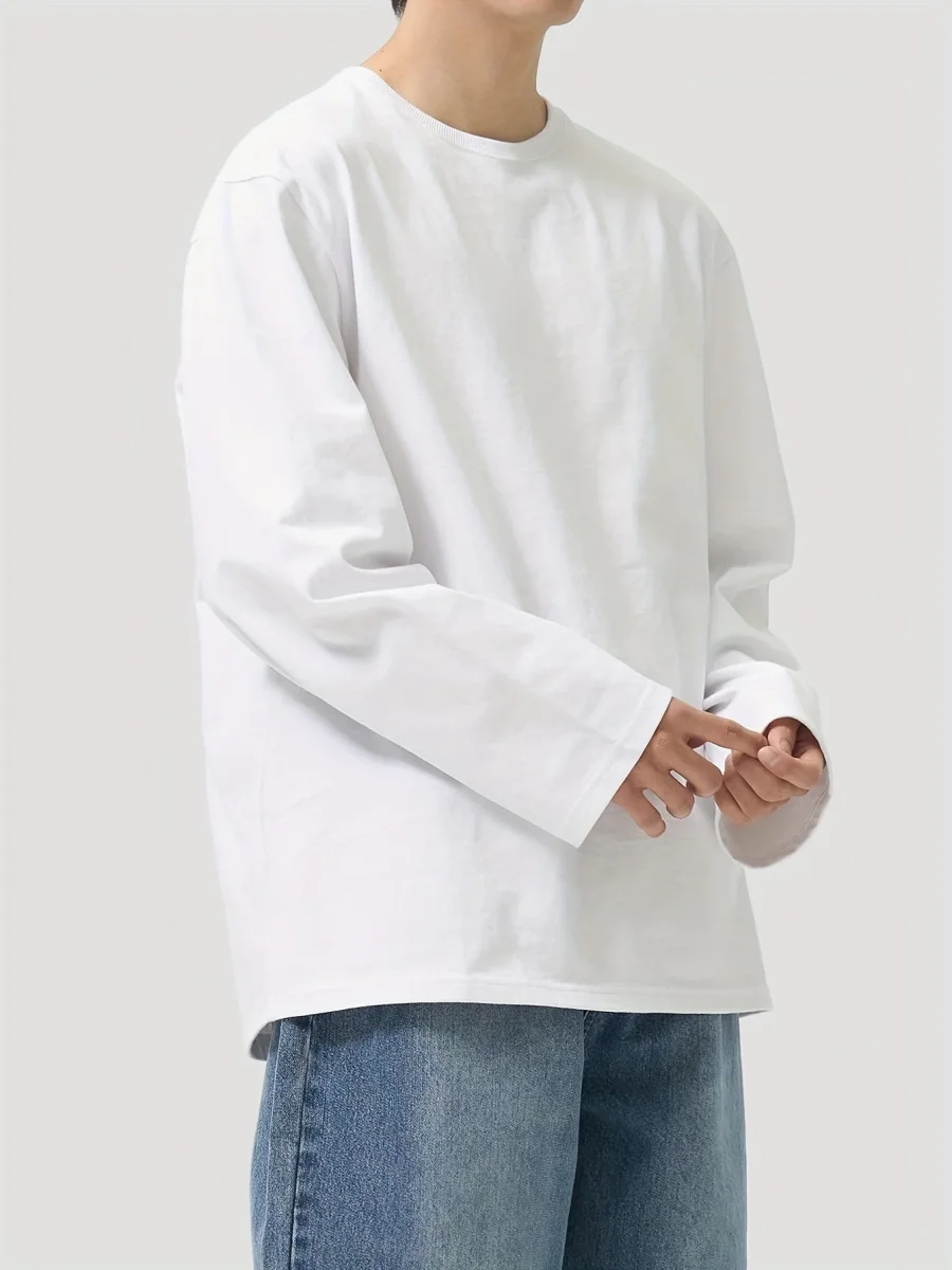 T-shirt Homme Manches Longues Uni Col Rond Ample Noir ou Blanc - Imagen 4