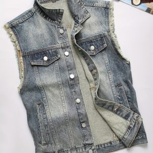 Veste sans manches en denim délavé bleu pour homme avec boutons et poches