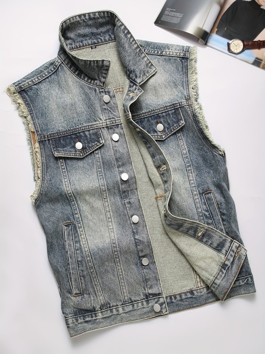 Veste sans manches en denim délavé bleu pour homme avec boutons et poches - Imagen 2