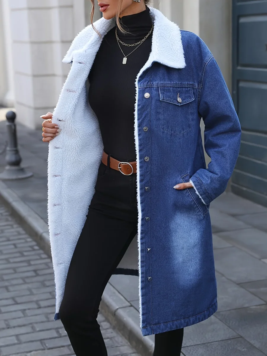 Manteau long en jean bleu délavé doublé doux pour femme - Imagen 4