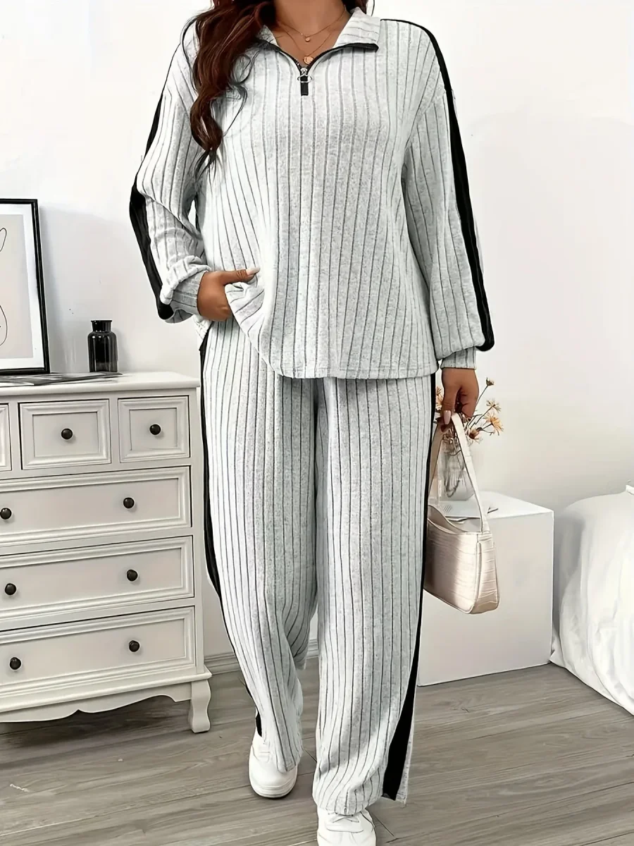 Ensemble côtelé Femme col zippé rayures latérales contrastantes - Imagen 9