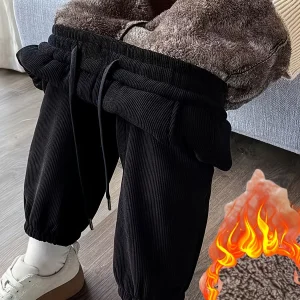 Pantalon en velours côtelé noir doublé polaire coupe ample