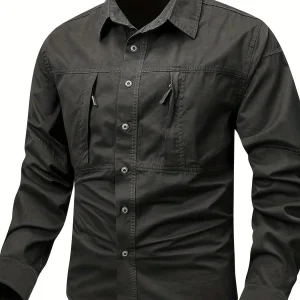 Chemise Homme Boutonnée Manches Longues à Poches Zippées Style Cargo Militaire