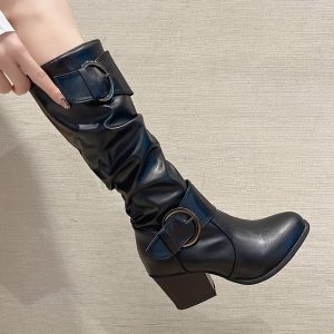 Bottes Femme Plissées Noires à Boucles et Talon Carré