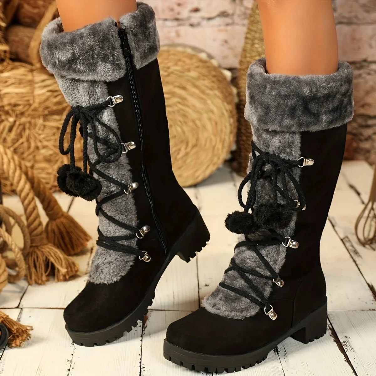 Bottes Femme Noires Mi-Mollet Effet Daim avec Doublure Fourrure Grise et Lacets Décoratifs - Imagen 9