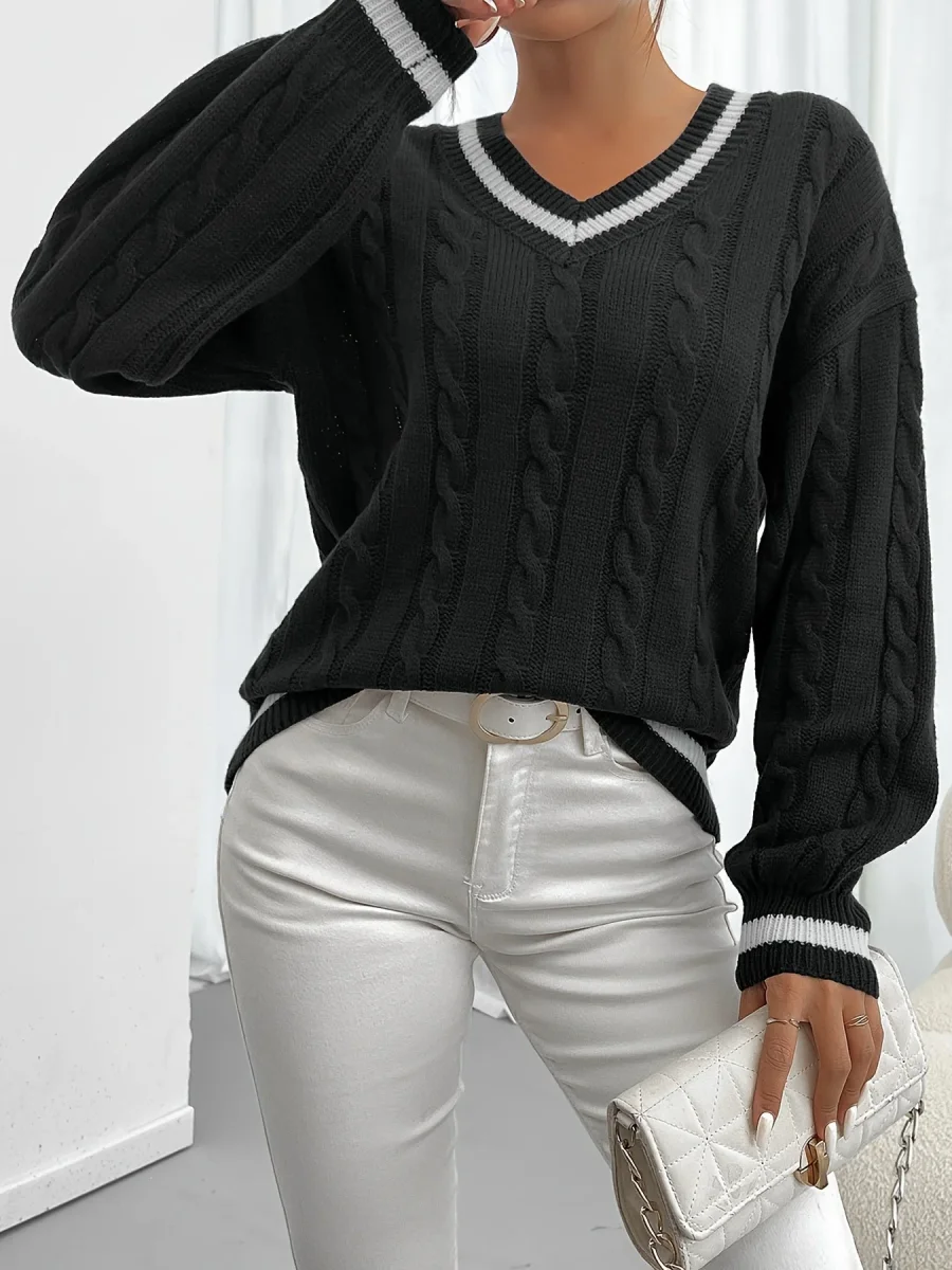 Pull col V torsadé rayé pour femme - Manches longues bouffantes - Imagen 6