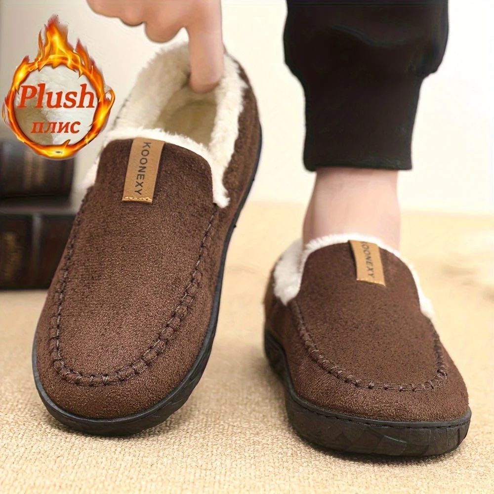 Chaussons Mocassins Homme Doublés Polaire Marron Chaussures d'Intérieur Hiver Confortables - Imagen 4