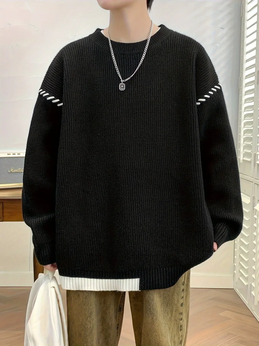 Pull col rond côtelé rouge avec détails contrastants - Imagen 8