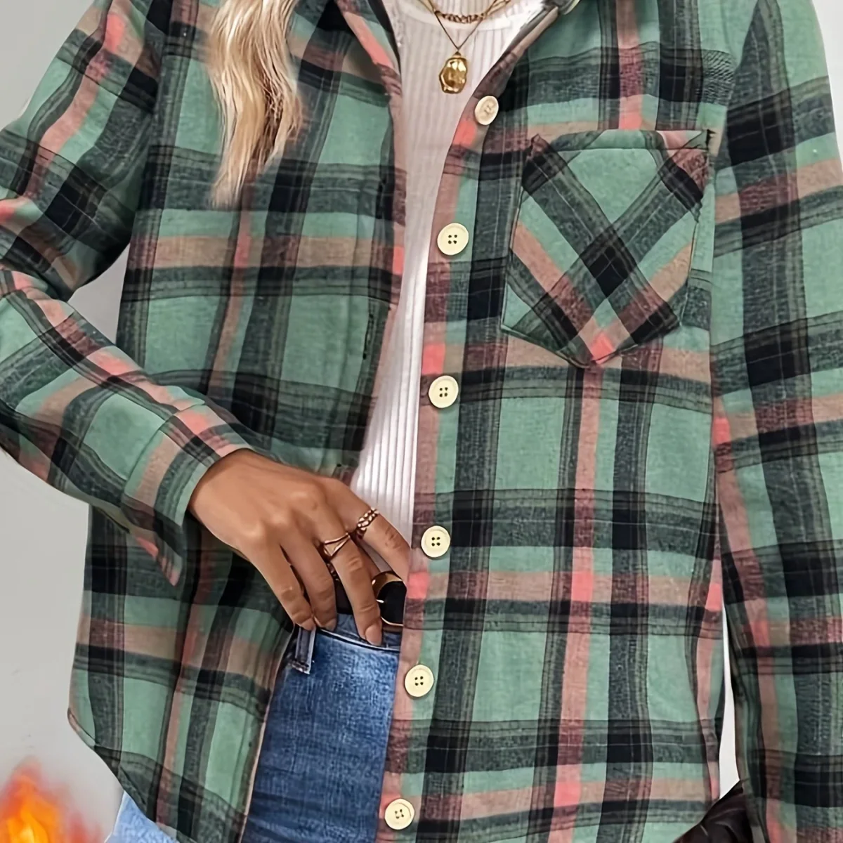 Chemise Veste Femme à Carreaux Doublée Effet Mouton Vert Menthe Rouge - Imagen 8
