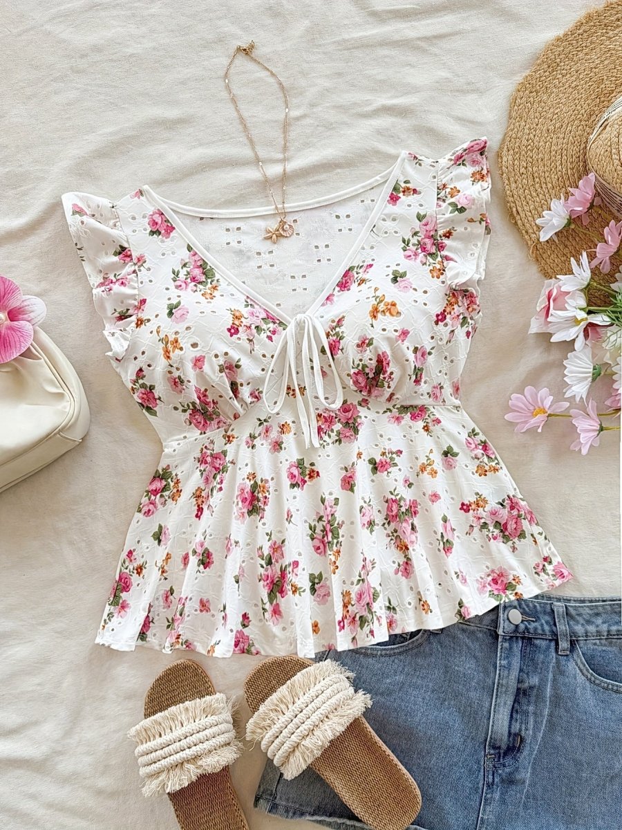 Blouse Femme Style Cottage Peplum à Imprimé Fleuri et Broderie Anglaise – Romantique, Manches Volants, Décolleté Noué - Imagen 3