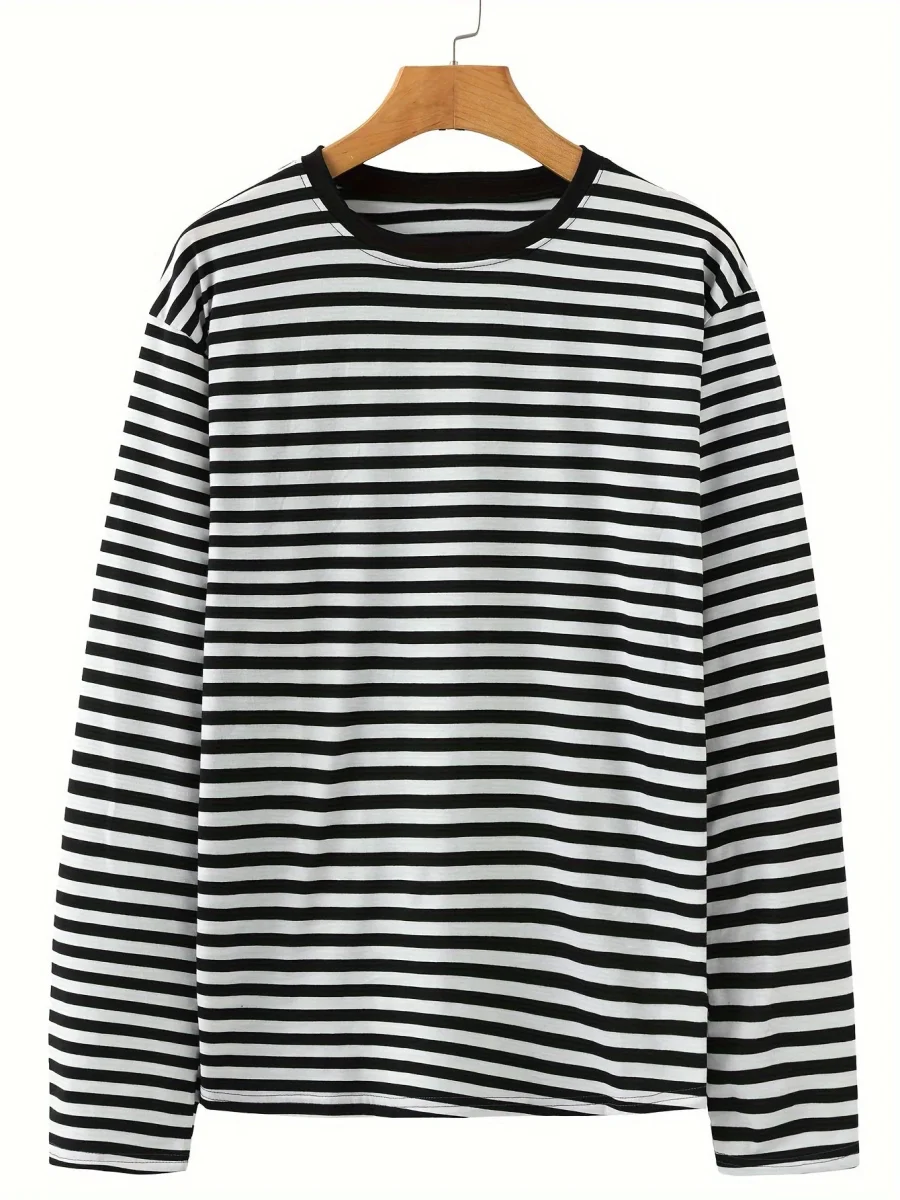T-shirt à manches longues rayé col rond bleu et blanc pour homme - Imagen 4