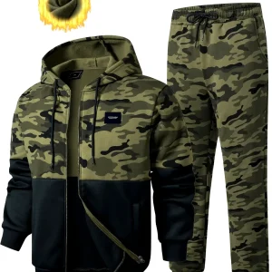 Ensemble survêtement camouflage kaki et noir homme avec veste à capuche zippée