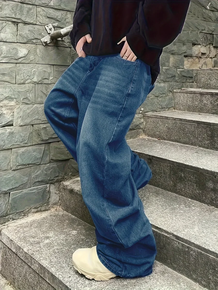 Jean large délavé coupe baggy bleu foncé style urbain unisexe - Imagen 6