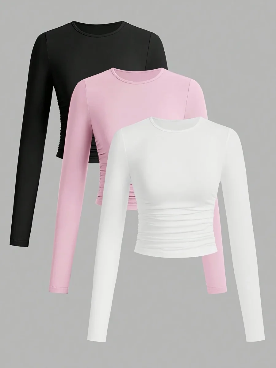 Lot de 3 Crop Tops Femme Manches Longues Col Rond Froncé - Imagen 4