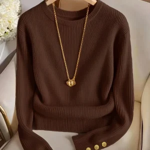 Pull femme marron côtelé col rond manches longues à boutons dorés