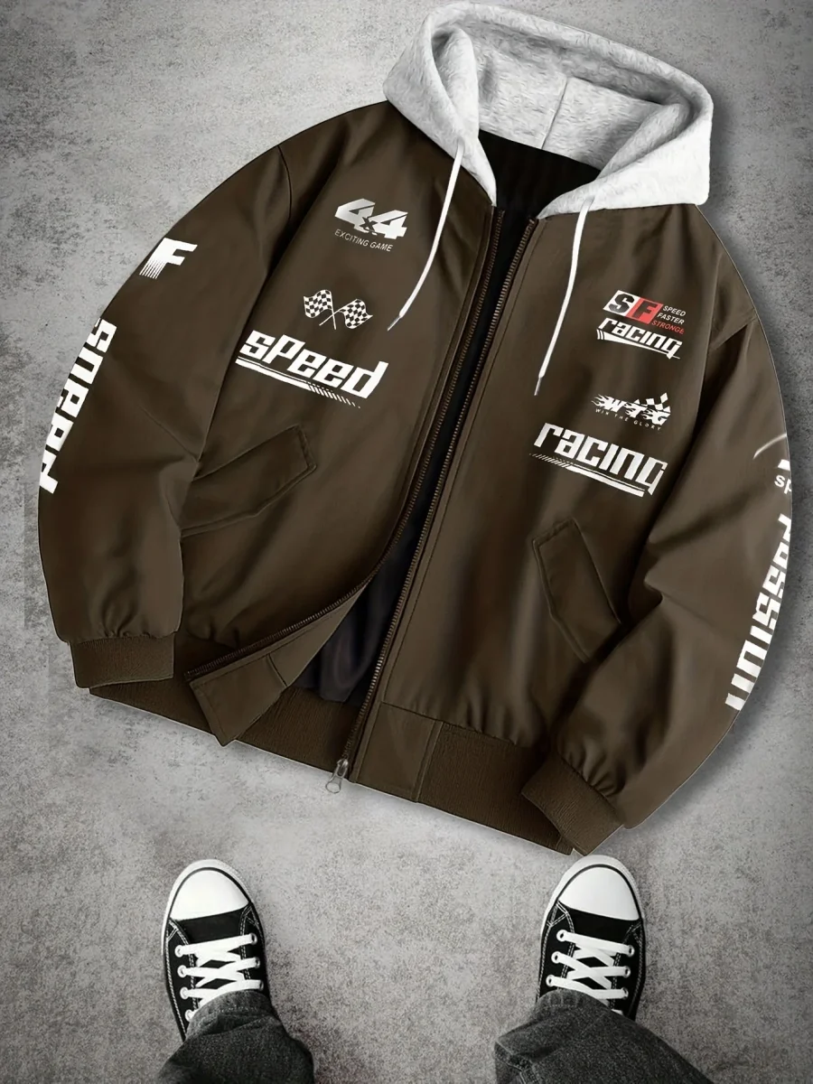 Blouson Bomber Homme Capuche Amovible Zippé avec Imprimés Racing Vert Clair - Imagen 3