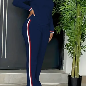 Ensemble Sport Décontracté Femme Manches Longues et Pantalon Rayures Latérales