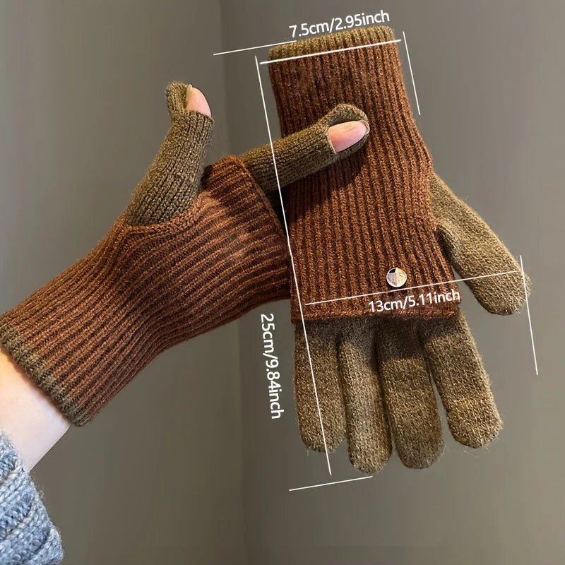 Gants tricotés bicolores convertibles avec mitaines rabattables pour femme - Imagen 3