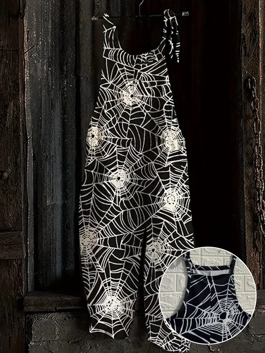 Combinaison pantalon femme noire à motif toile d'araignée bretelles fines